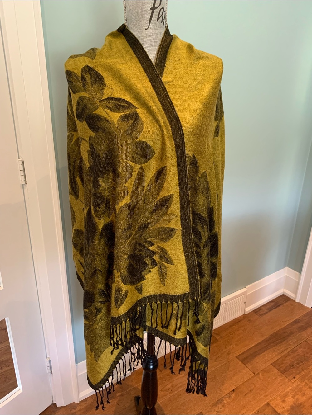 Floral Fringe Shawl Wrap - Mustard/Olive Black